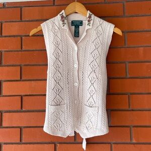 LAUREN RALPH LAUREN Crocheted Embroidered Pink Button Front Sweater Vest Size S